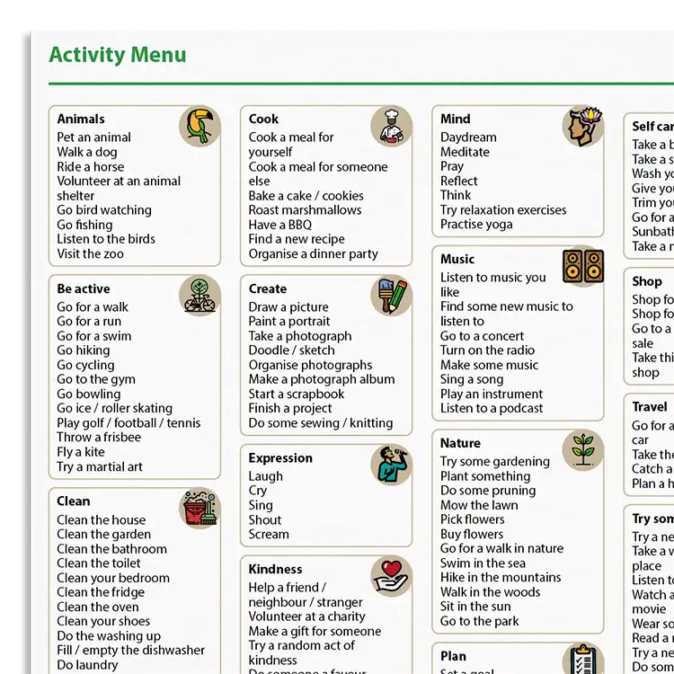 Psychology Tools resource: Activity Menu