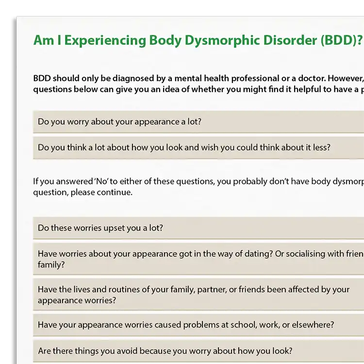 Psychology Tools resource: Am I Experiencing Body Dysmorphic Disorder (BDD)?