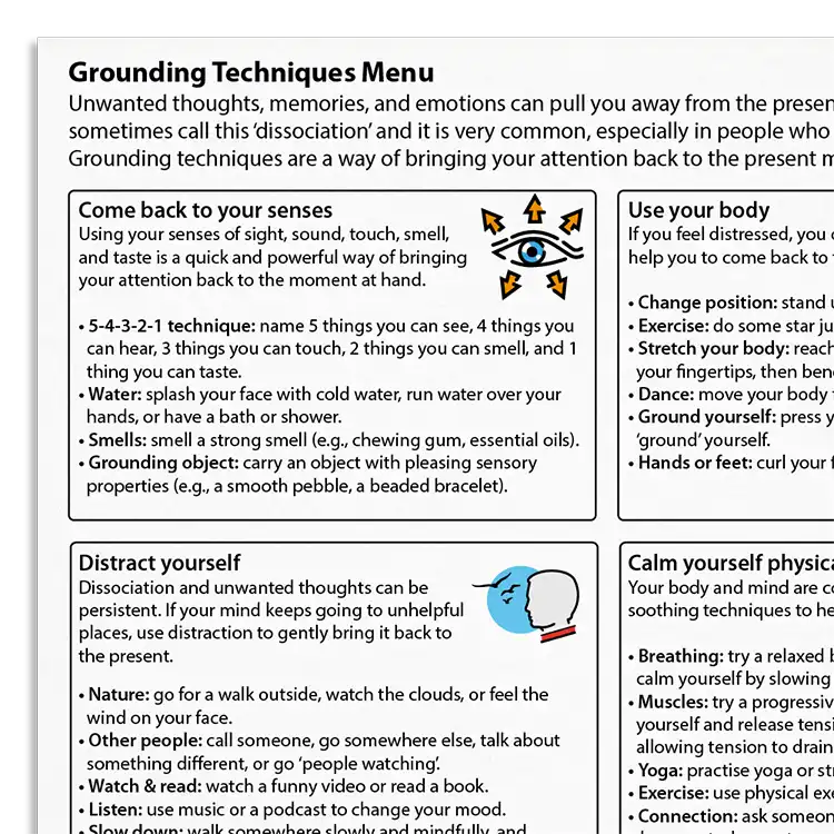 Psychology Tools resource: Grounding Techniques Menu
