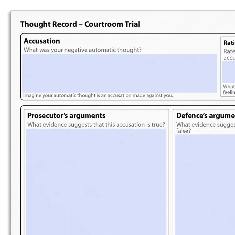Psychology Tools resource: Thought Record – Courtroom Trial