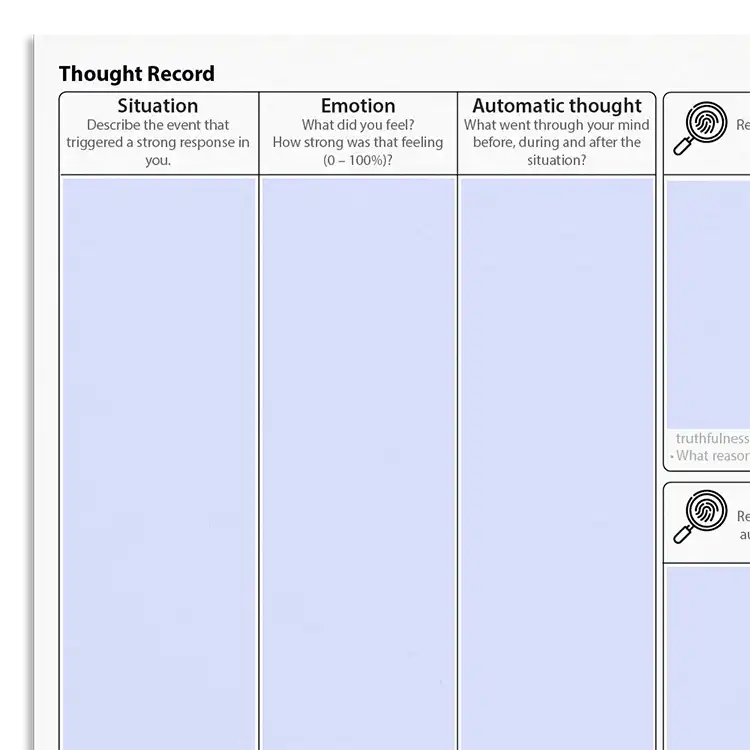 Psychology Tools resource: Thought Record (Evidence For And Against)