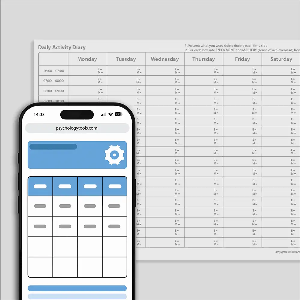 Psychology Tools resource: CBT Daily Activity Diary With Enjoyment and Mastery Ratings